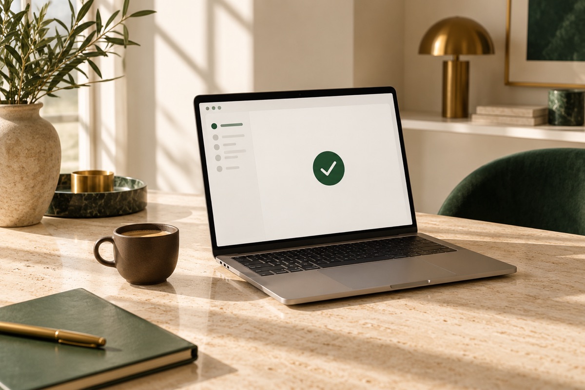 A laptop on a travertine desk showing an empty inbox with a green check mark