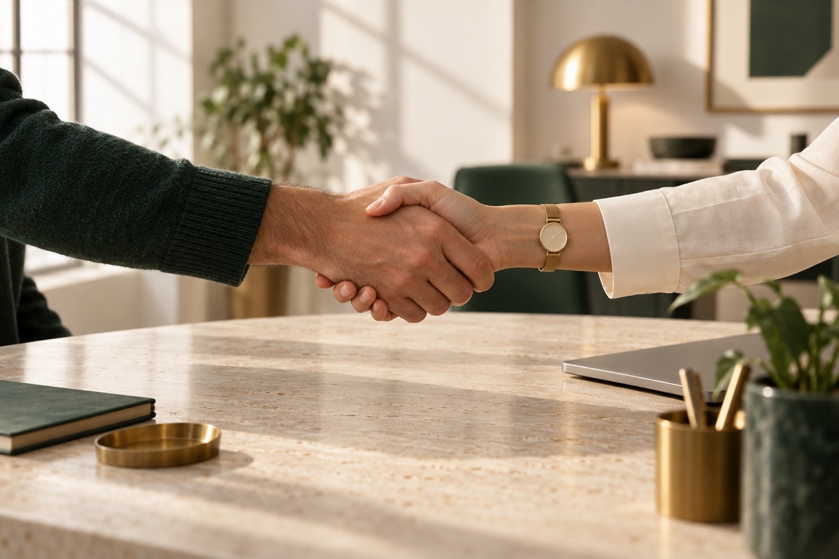 Two people shaking hands across an office desk