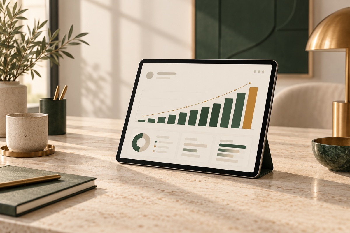 A tablet on a desk showing an income dashboard with rising green bars