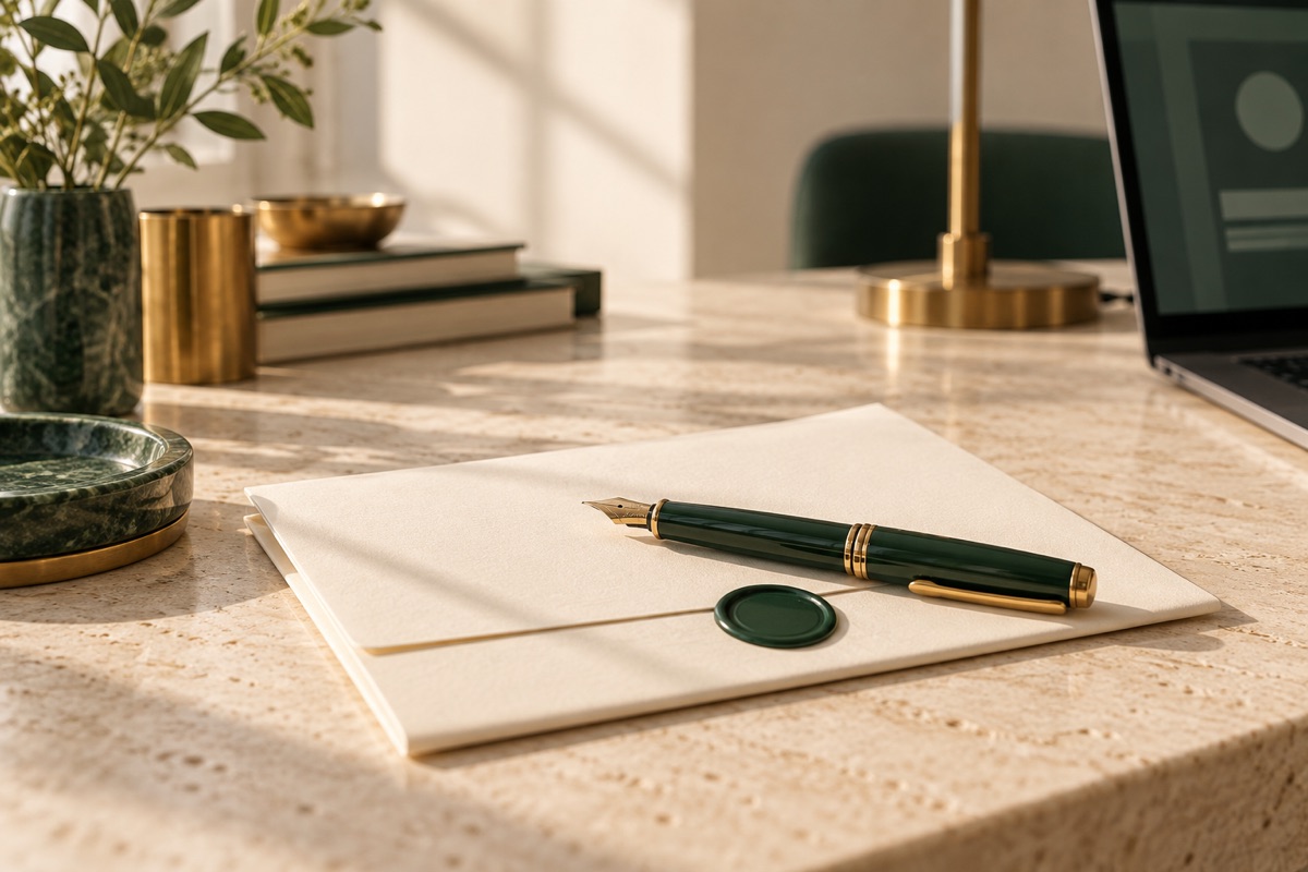 A fountain pen resting on a contract sealed with green wax
